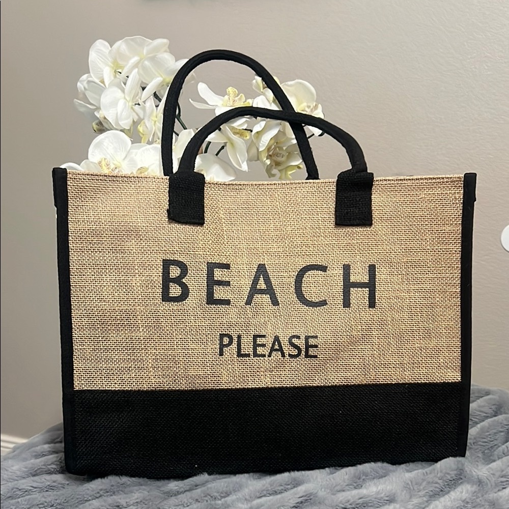Black and Cream Tote Bag with 'BEACH PLEASE'  NWT